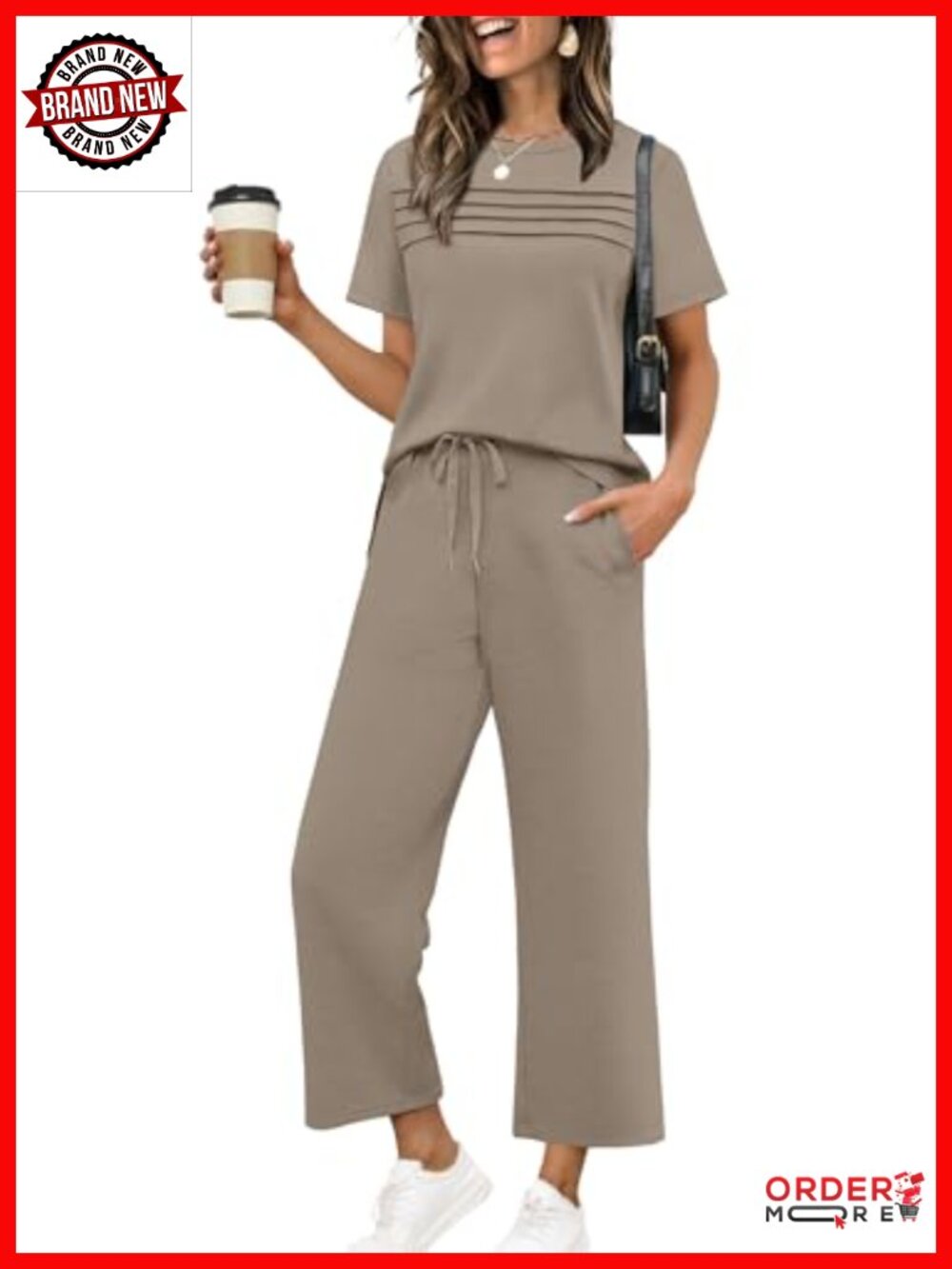 Two Piece Lounge Set Short Sleeve Wide Leg Crop Pants Travel